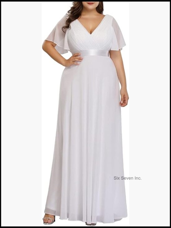Dresses & Skirts - Women's Plus Size Chiffon V-Neck Floor Length Formal Dress with Ruffle Short